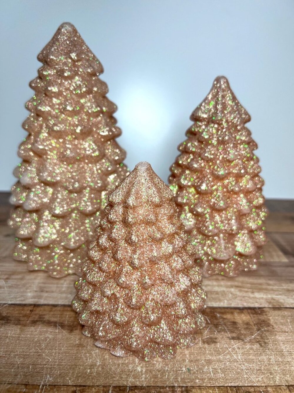 Set Of 3 Glittered LED Christmas Trees In Rose Gold - Battery Operated Festive